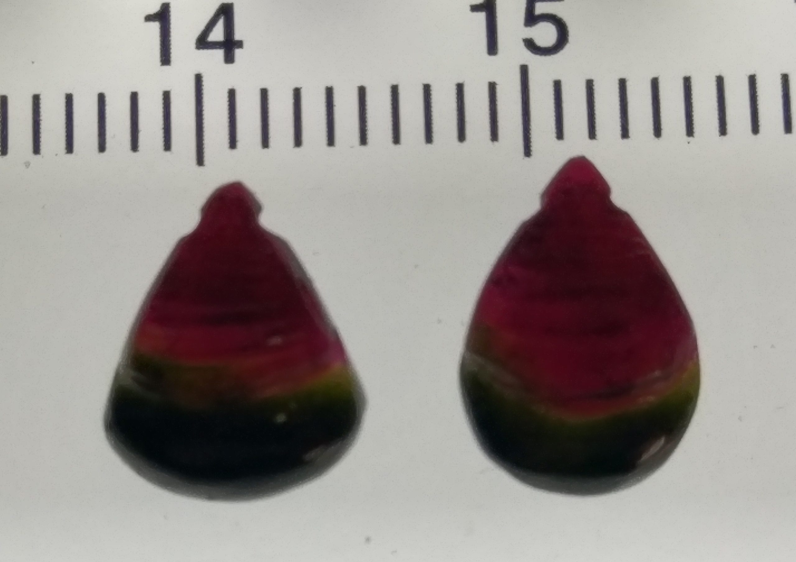 Pair of dark watermelon tourmaline carvings.