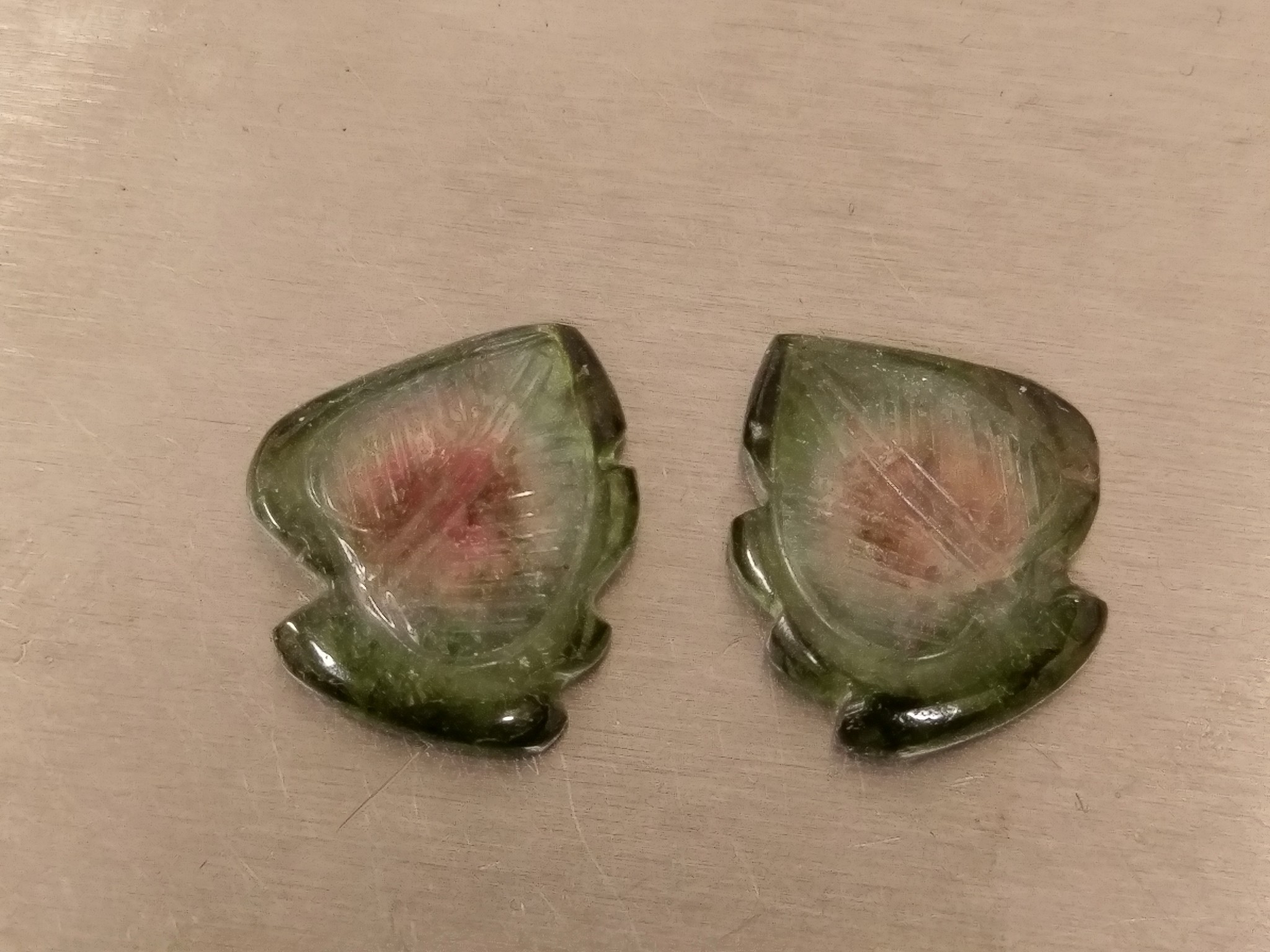 Pair of watermelon tourmaline carvings