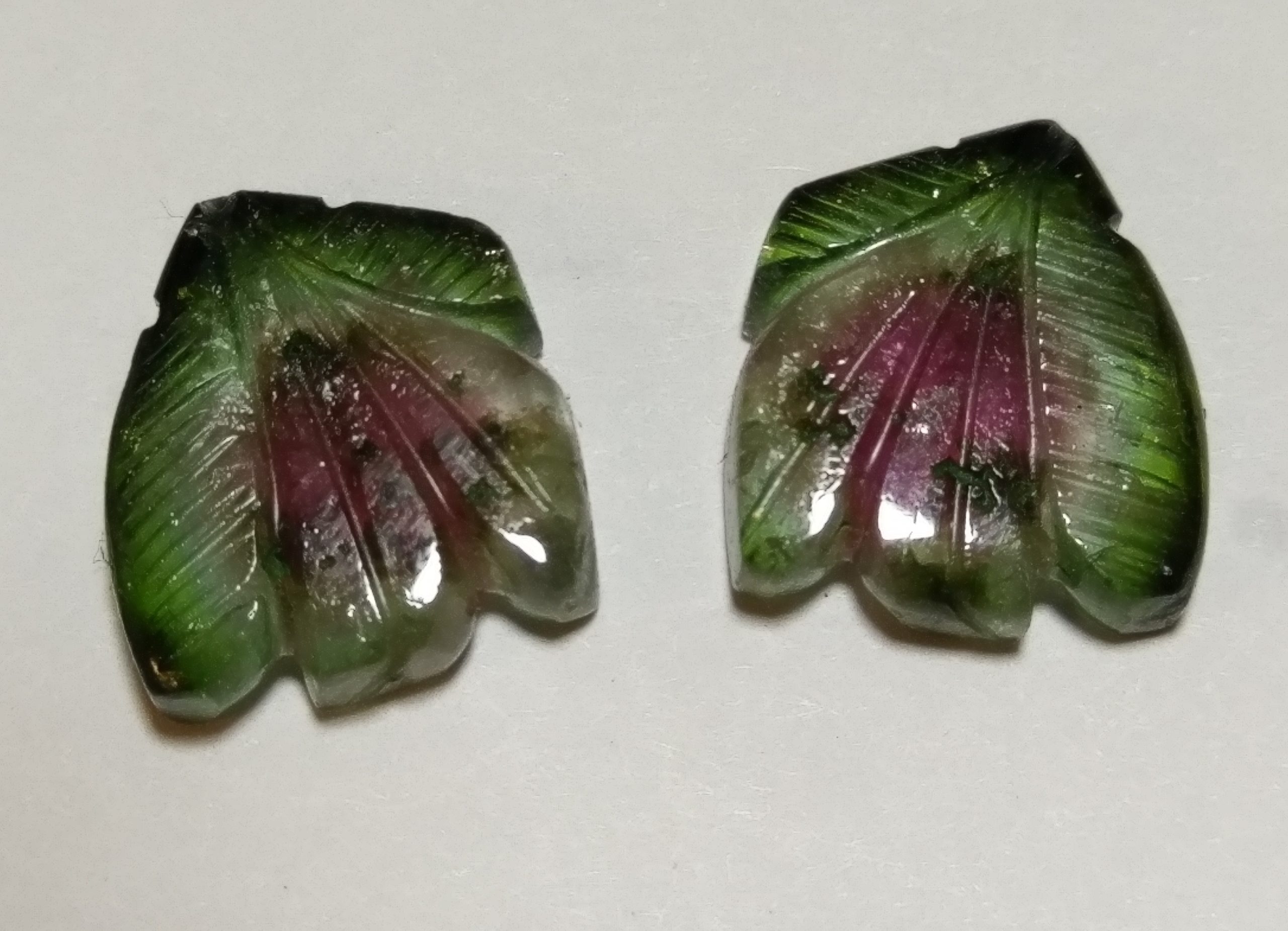Pair of watermelon tourmaline carvings
