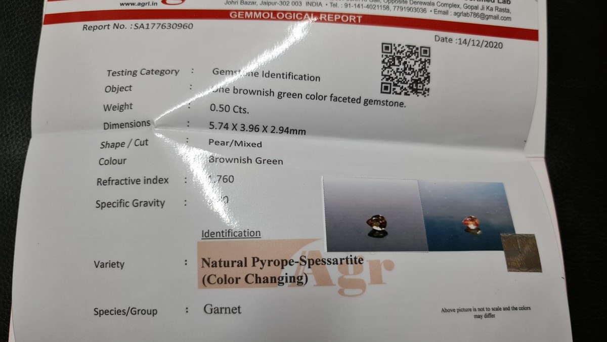 5.74x3.96x2.94mm pear/mixed-cut, colour-change garnet facet. Lab certified - Image 3