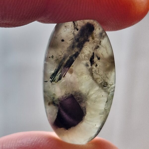 30x16mm prehnite cabochon with rutile inclusions