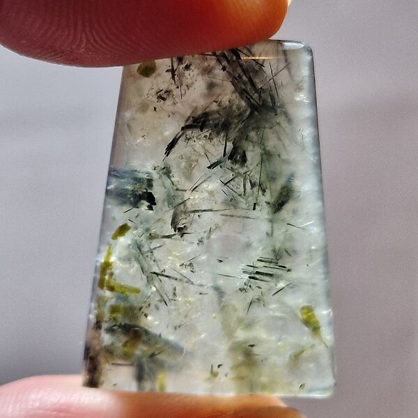 35x25mm prehnite cabochon with rutile inclusions