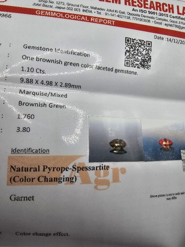9.88x4.98x2.89mm marquis/mixed-cut, colour-change garnet facet. Lab certified - Image 3