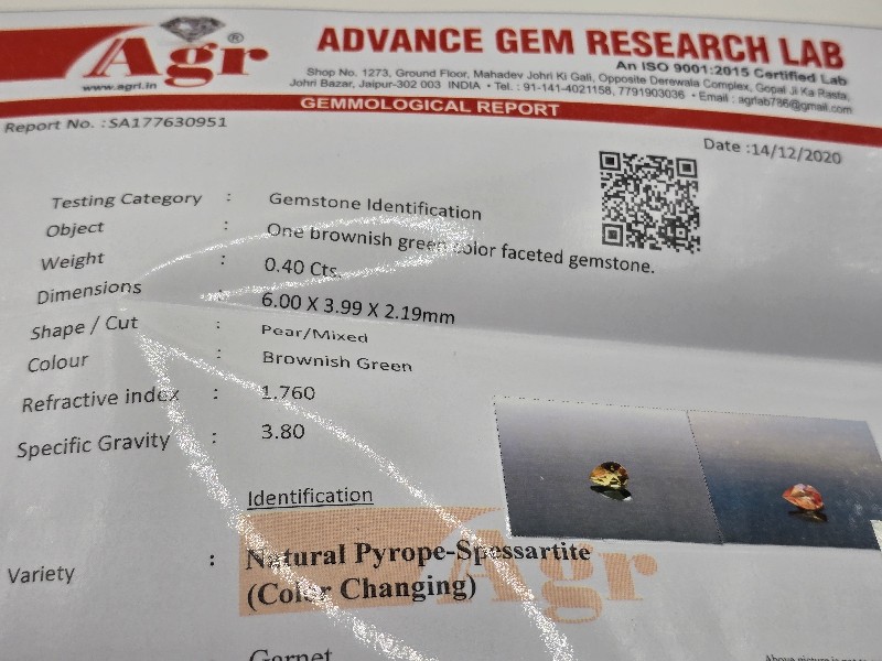 6.00x3.99x2.19mm pear/mixed-cut, colour-change garnet facet. Lab certified - Image 3