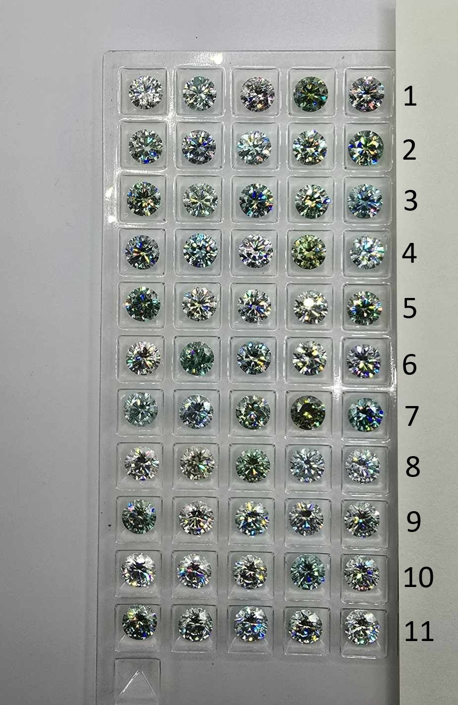 Parcel of five 6.5mm round-cut light blue/green moissanite facets - budget-line #6