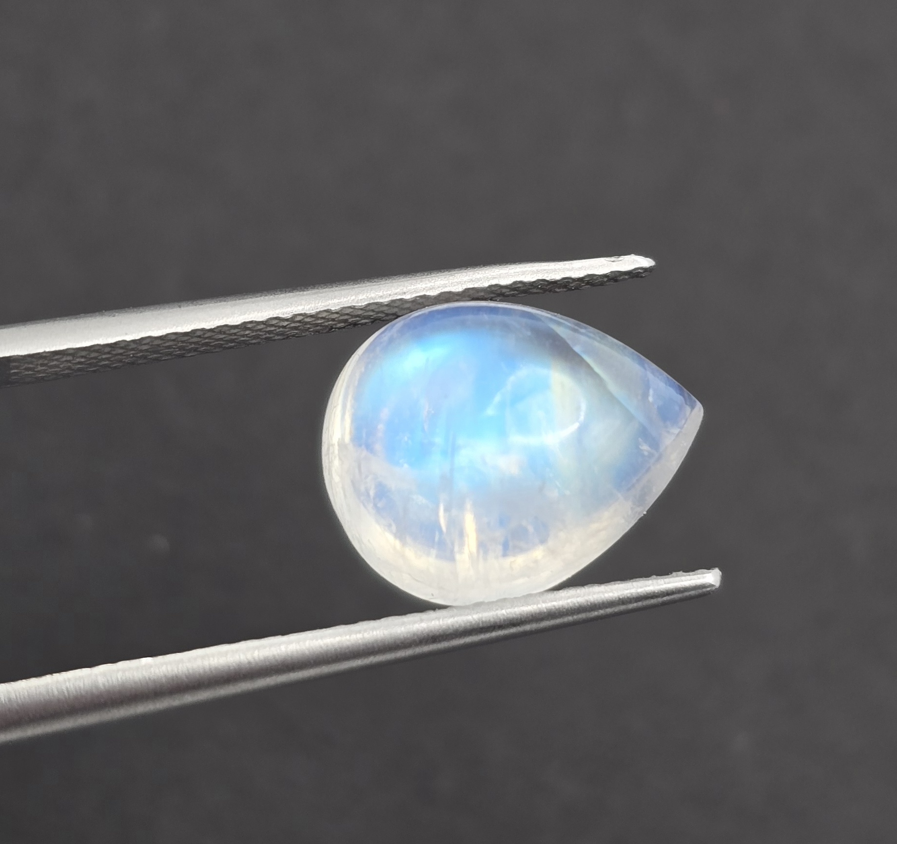 12.1x9.7x6.3mm pear gem-grade rainbow moonstone cabochon