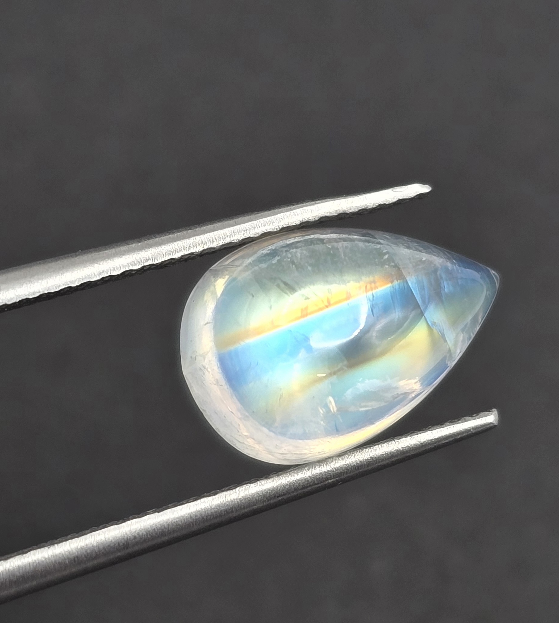 13.1x8.7x6.1mm pear gem-grade rainbow moonstone cabochon