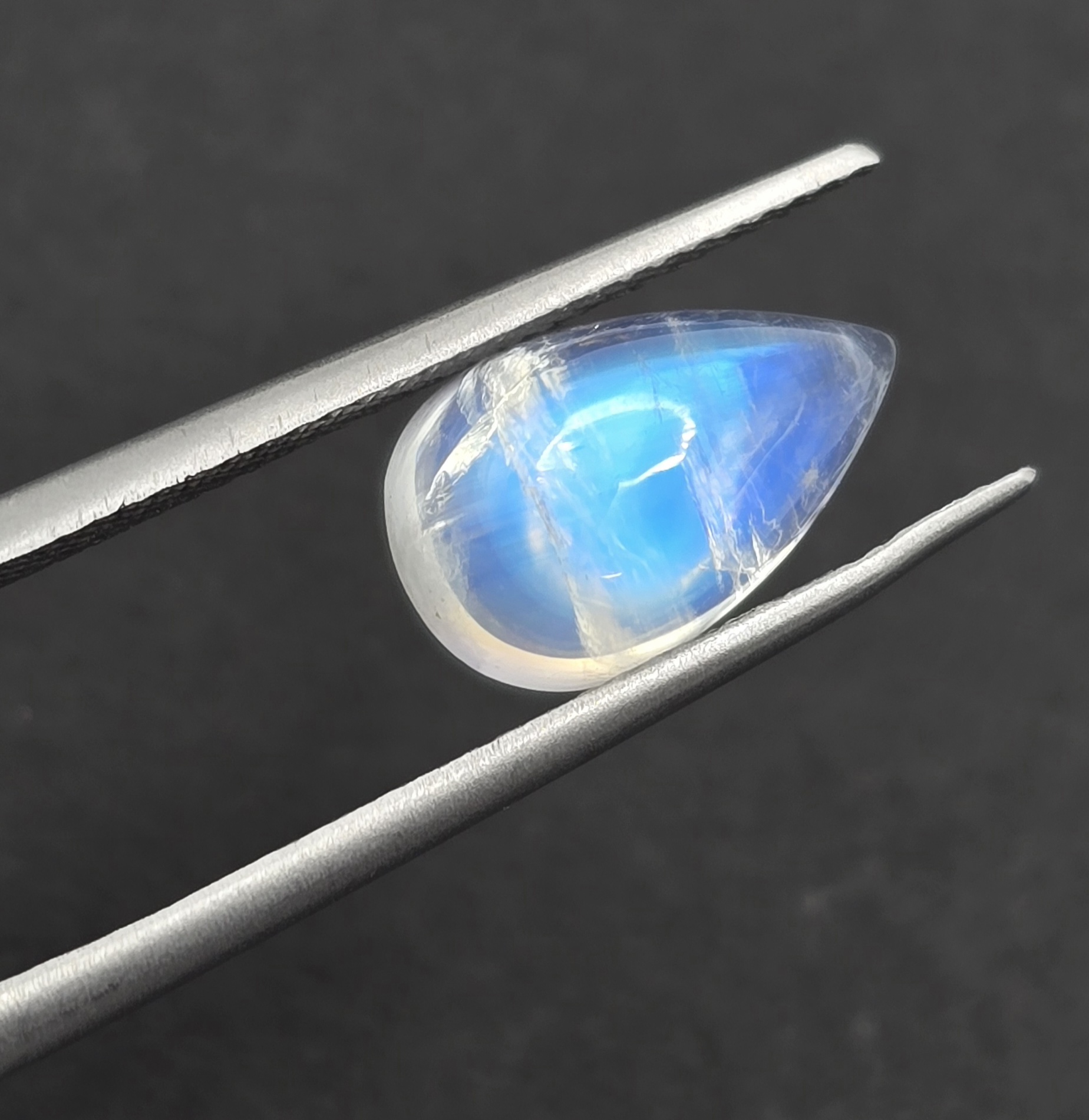12.0x7.6x5.3mm pear gem-grade rainbow moonstone cabochon