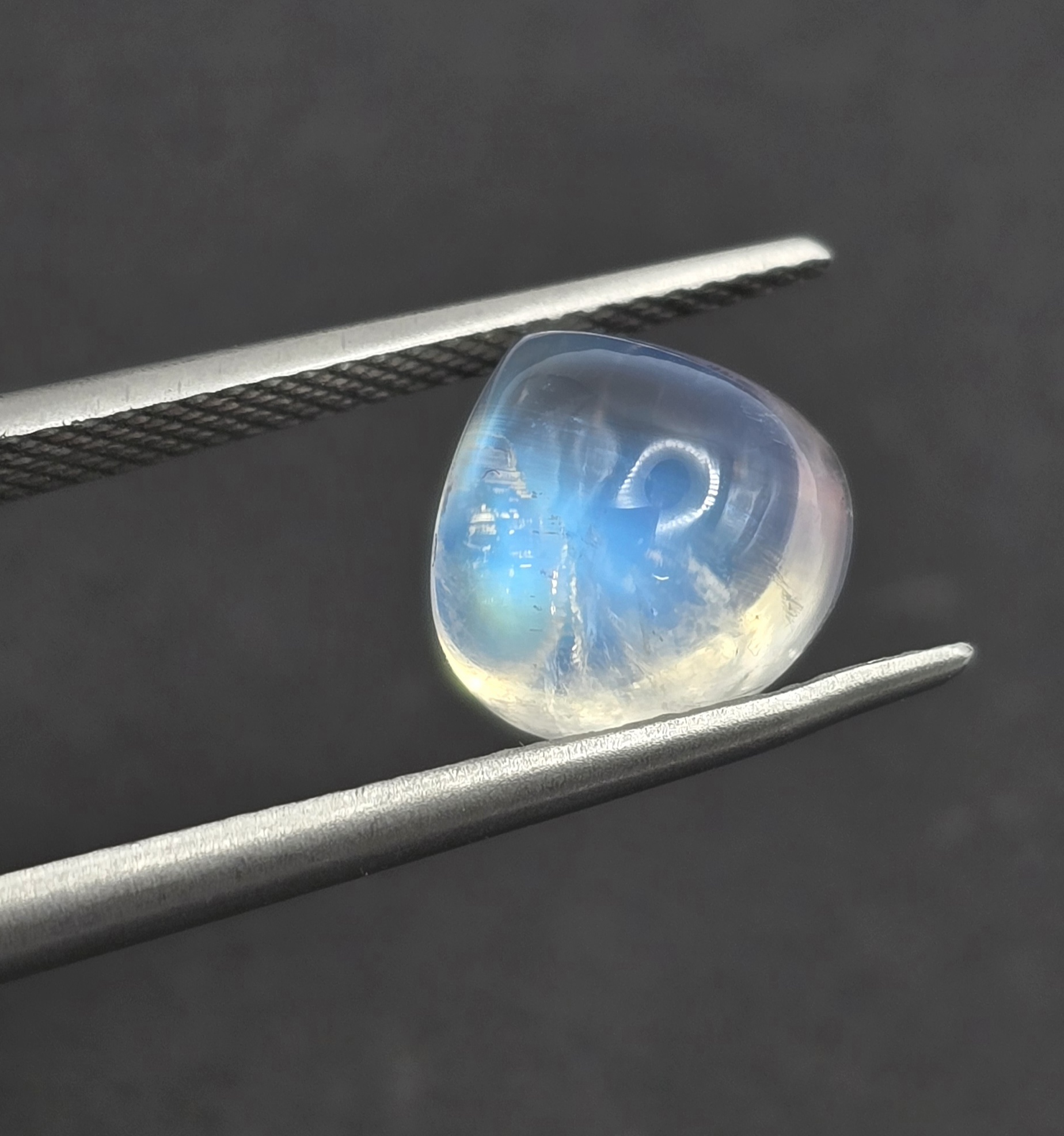 9.2x9.1x5.9mm pear gem-grade rainbow moonstone cabochon