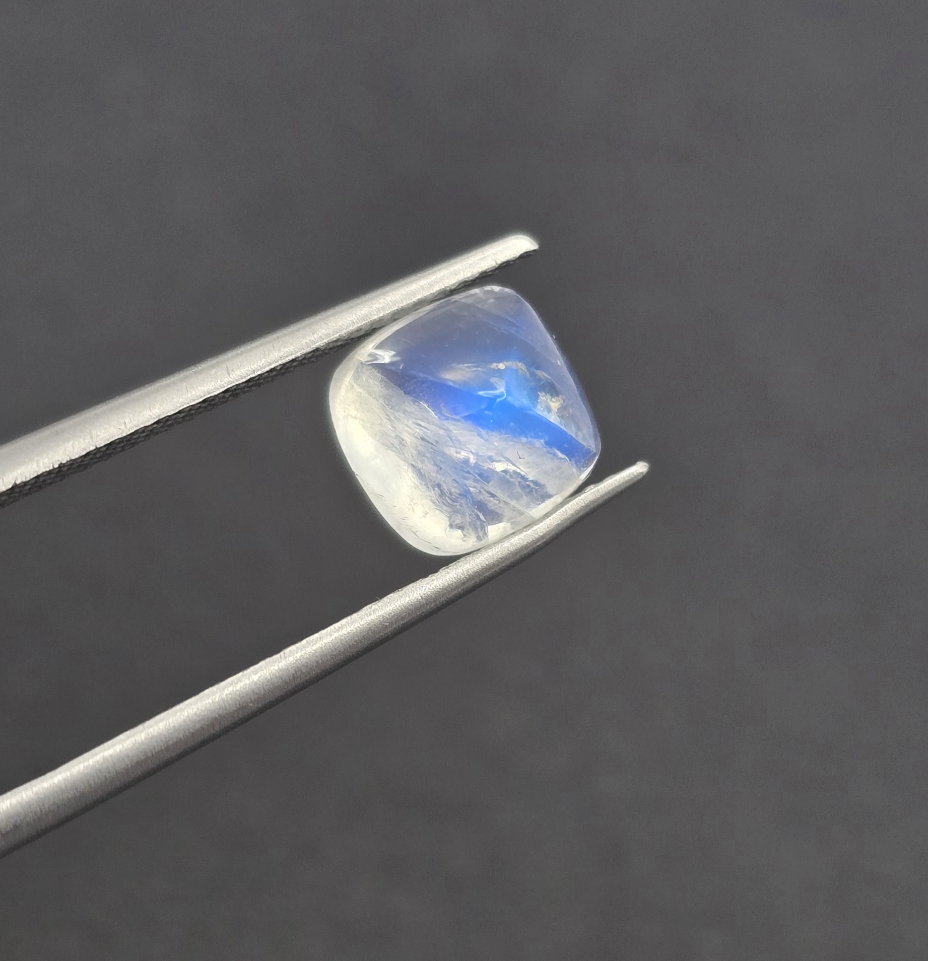 7.8x7.7x5.4mm cushion gem-grade rainbow moonstone cabochon