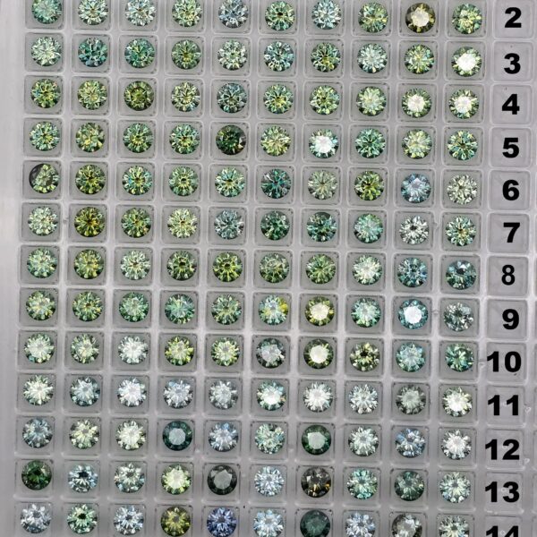 Parcel of ten 5mm round-cut blue/teal/green moissanite facets - budget-line #5