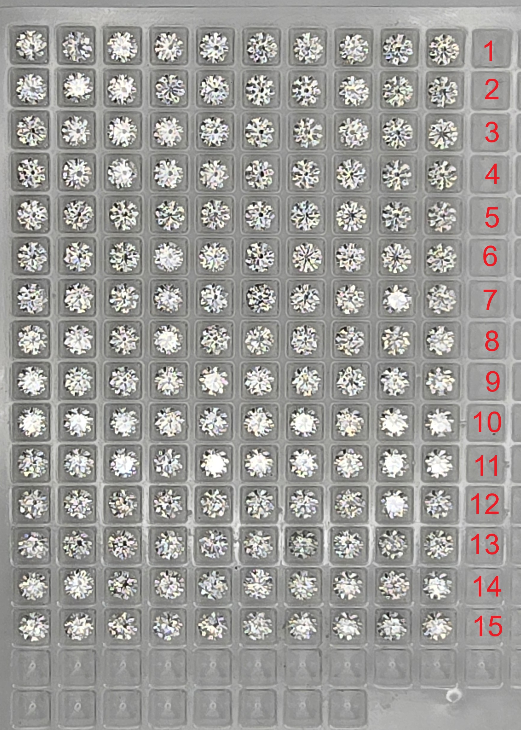 Parcel of ten 5mm round-cut white moissanite facets - budget-line #6