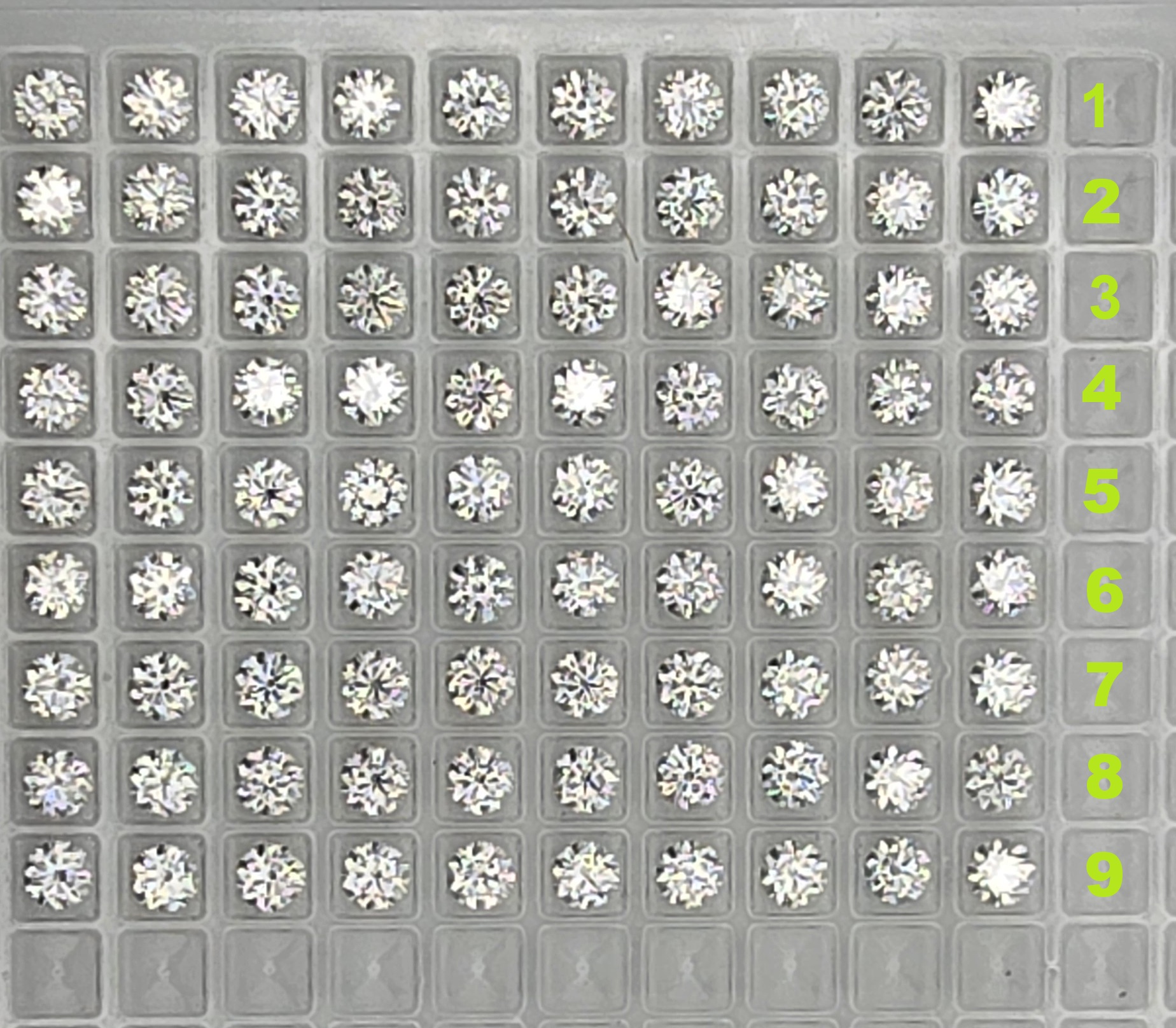 Parcel of ten 5mm round-cut white moissanite facets - budget-line #7